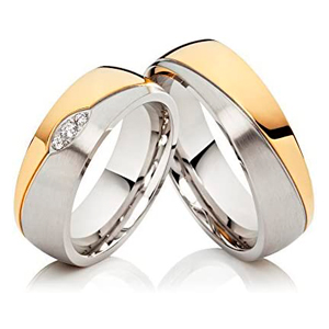 2 alianzas de boda anillos de compromiso anillos de acero inoxidable confies, Bicolor oro plateado, con 3 circonitas y grabado
