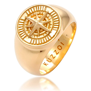 Kuzzoi Anillo de sello para hombre, redondo, macizo, 15 mm de ancho, en plata de ley 925 chapada en oro, anillo dorado con símbolo de brújula, anillo marítimo para hombres en tamaño 60-66, 0605512820